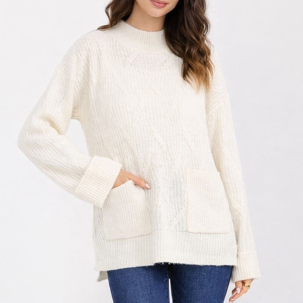 Women's Long Sleeve Mock Neck Front Pockets Pullover Sweater